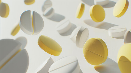 White and yellow tablets flying on white background
