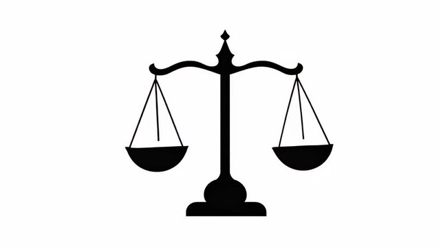 A black and white illustration of traditional scales of justice, symbolizing fairness, equality, and law