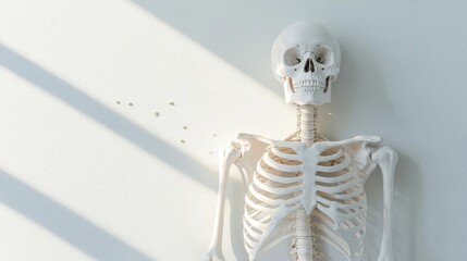 Skeleton sitting in a sunlit room, Vitamin D molecules enhancing bone density, visual representation of easy osteoporosis care, serene atmosphere, detailed and realistic design
