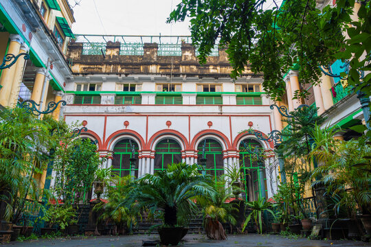 View of a heritage building known as Bonedi Bari, renowned for its Durga Puja celebrations in Kolkata. West Bengal, India on October 10, 2020.