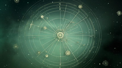 Celestial Chart With Green Hues And Galactic Symbols Representing Space Exploration