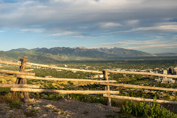 Sunset views of the Salt Lake Valley and Wasatch Range from Ensign Peak, Utah.