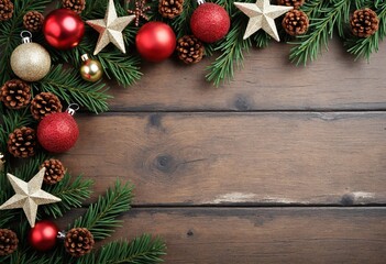 Christmas Decorations on Rustic Wooden Background with Colorful Ornaments and Glitter Stars