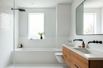 A minimalist bathroom with Scandinavian design, featuring white tiles, a wooden vanity, and sleek fixtures