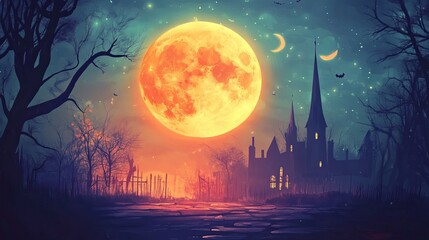 Fototapeta premium Spooky Halloween night scene with a full moon, silhouetted trees, and a dark cityscape under a starry sky.