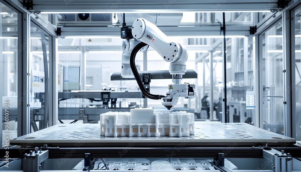 Poster a robotic arm in a modern production facility, efficiently handling containers on an automated assem