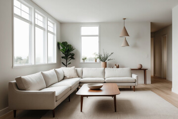 A serene living space with mid-century modern and Scandinavian design elements, featuring a minimalist sectional sofa