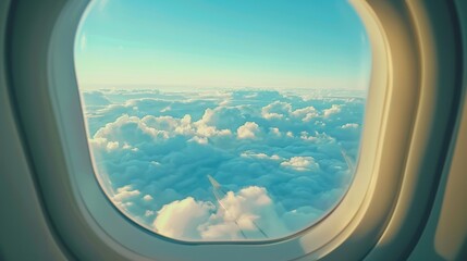 View from the airplane window on the clouds and blue sky.