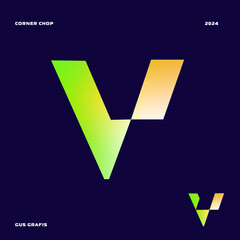 Letter V corner chop or corner cut, font, lettering, typography with sharp edges, bold, masculine, and futuristic style. Perfect for logos, display, design elements etc.