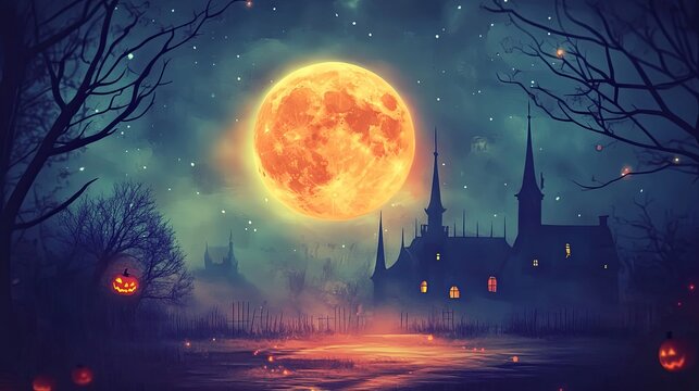 Spooky Halloween night scene with a full moon, silhouetted trees, and a dark cityscape under a starry sky.