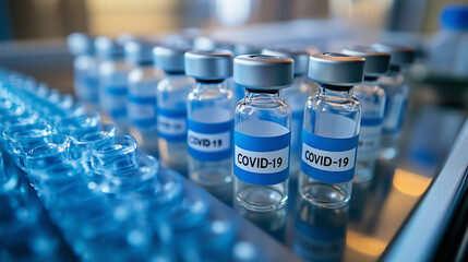 Medical vials with COVID-19 vaccine labels, arranged neatly in a tray, ready for distribution in a clinic