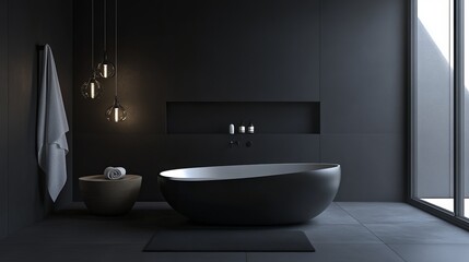 A sleek and modern bathroom in black with minimalist design. The 3D rendering highlights the clean lines and simple shapes. 