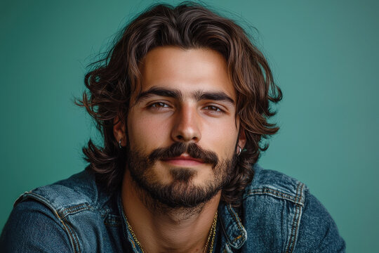 Hombre modelo cauc&aacute;sico con bigote y barba mirando a c&aacute;mara, vistiendo cazadora vaquera, sobre fondo verde. Concepto movimiento de marzo, prevencion cancer masculino