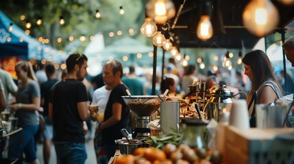 A night market with many people shopping at food stands.