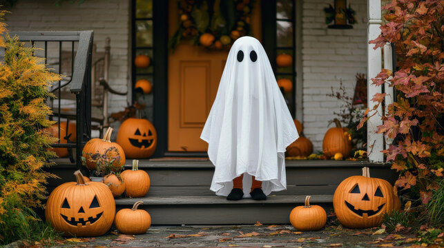Ni&ntilde;o disfrazado de fantasma con una s&aacute;bana, con ojos y boca de terror, rodeado de calabazas, sobre fondo de la puerta de entrada a una casa decorada para Halloween 