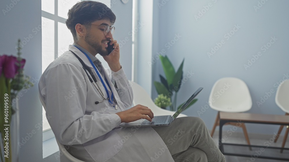 Poster Handsome man with beard wearing glasses and stethoscope working on laptop in hospital lobby while talking on phone