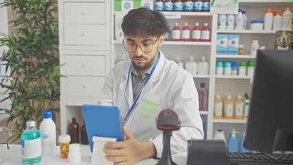 A young bearded man in lab coat using a tablet in a modern pharmacy interior.