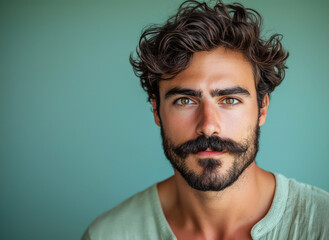 Hombre modelo caucásico español de con bigote y barba vistiendo camiseta verde, sobre fondo verde. Concepto salud masculina, movimiento de marzo