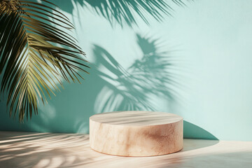 Podium for product photography with palm branches in pastel colors. Mockup for branding and packaging. Copy space.