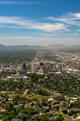 Fototapeta premium Sunny views of the Salt Lake Valley and Wasatch Range from atop Ensign Peak.