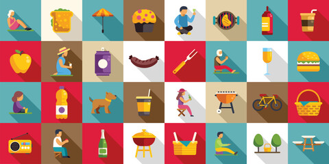 Obraz premium Picnic city park icons set. People are enjoying leisure activities outdoors in the park with picnic food and drinks in this flat design icon set