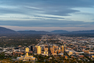 Sunset views of the Salt Lake Valley and Wasatch Range from Ensign Peak, Utah.