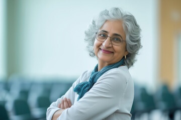 Female professor of university. Elder woman of 60 years. Closeup portrait photo.