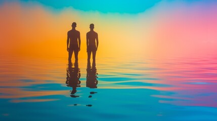 Fototapeta premium Two silhouetted figures stand in tranquil waters under a vibrant, colorful sky. The serene setting and reflected hues create a peaceful, almost surreal atmosphere, perfect for themes of tranquility