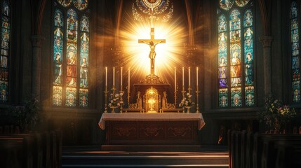 A church altar bathed in gentle light, with a glowing monstrance, candle, and chalice, complemented by the beauty of stained glass windows.