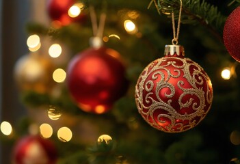 Elegant Ornate Christmas Ornaments Hanging on Tree with Warm Festive Glow
