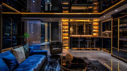 Glamorous luxury interior with dramatic lighting and bold design elements