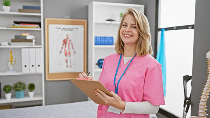 Smiling blonde woman in pink scrubs takes notes in a modern clinic interior surrounded by medical charts.