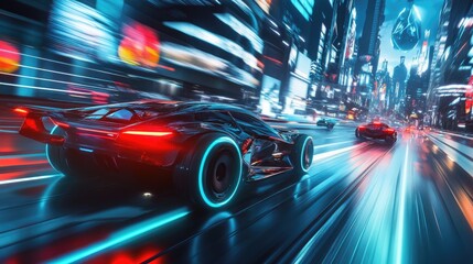 Obraz premium Cutting-edge transportation technology, featuring high-tech vehicles in motion, with a dynamic realistic urban backdrop