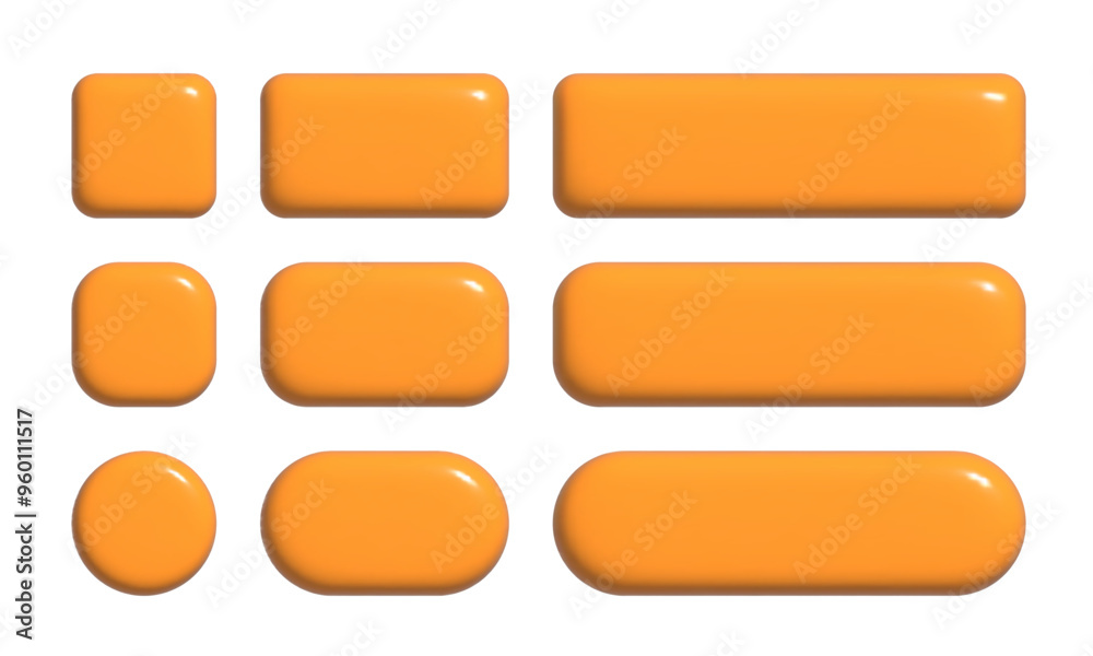 Poster 3d buttons collection for ui and ux design template. realistic glossy squared and rounded badges