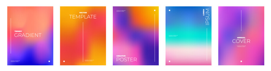 Abstract liquid background layout set. Bright color blend covers. Blurred fluid effect. Gradient mesh poster art
