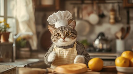 Obraz premium A cute cat dressed in an apron and chef's cap, playfully pretending to cook in a cozy kitchen setting.