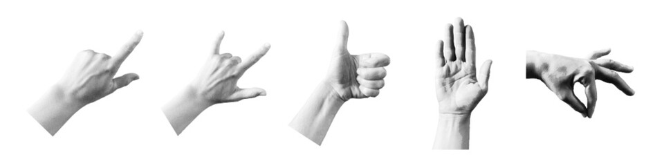 Halftone hand. Retro collage elements set. Trendy vintage collection of hands gesture signs