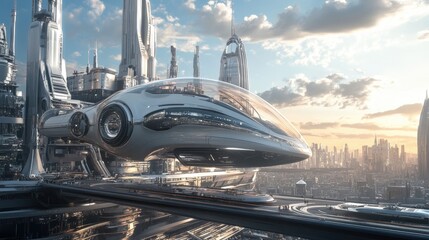 Futuristic transportation technology with sleek designs, set against a dynamic realistic backdrop of a modern city