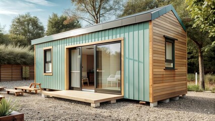 A chic pastel blue house with striking sliding glass doors parked on a gravel lot. This house has clean lines and a contemporary look, combining functionality with soft colors