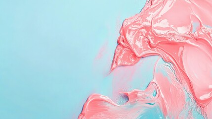 Fototapeta premium Abstract pastel coral pink paint against a pastel blue background. Fluid creative concept composition with copy space for text or design elements. Minimal natural luxury and artistic inspiration. 