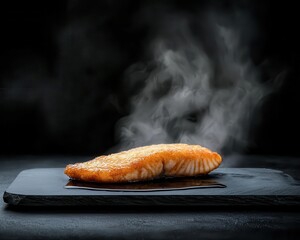 Golden fried fish sizzling in hot oil, isolated on black background, close-up, crispy skin, steam rising, oil bubbling, dramatic lighting, high contrast, cinematic food shot