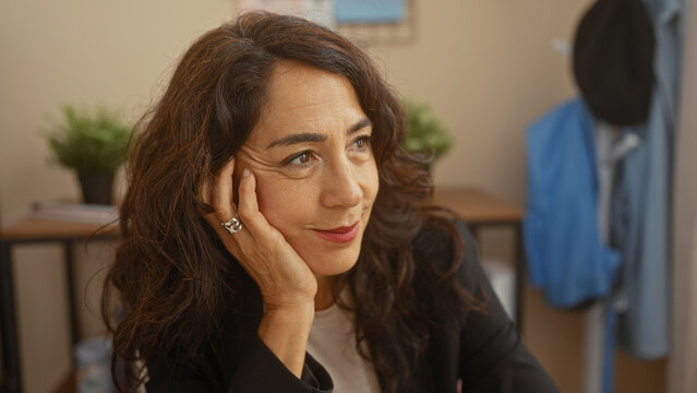 Thoughtful middle-aged hispanic woman indoors, in a cozy living room setting, with warm ambient lighting.
