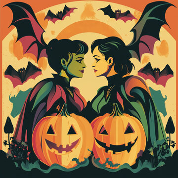 vampire girls with pumpkins and bats at sunset