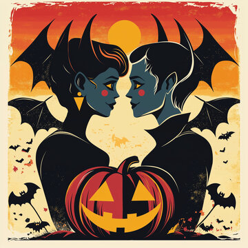 vampire girls with pumpkins and bats at sunset