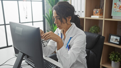 A professional hispanic woman works intently at her computer in a well-lit clinic office, embodying...