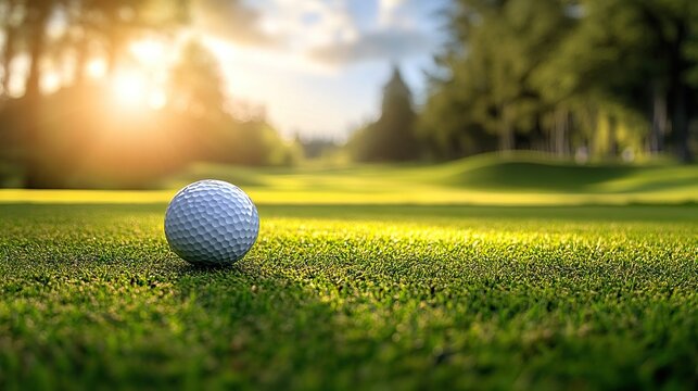 A serene golf course scene with a close-up of a golf ball resting on lush green grass, illuminated by a warm golden sunrise.