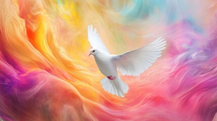 Fototapeta premium White dove gliding amidst vibrant, swirling colors in the sky, with a dynamic white background, creating a serene and whimsical visual