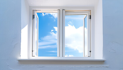 view of nice big white openned window on white wall with blue sky seen through