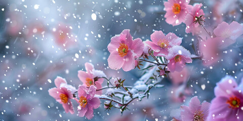 Wintersweet Photography with Falling Snow Beautiful Winter Scene with water background 