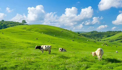 Fototapeta premium view of nice green hill with cows on blue sky background, summer day